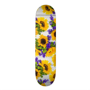 Country Rustic White Wood Purple Yellow Sunflower Skateboard