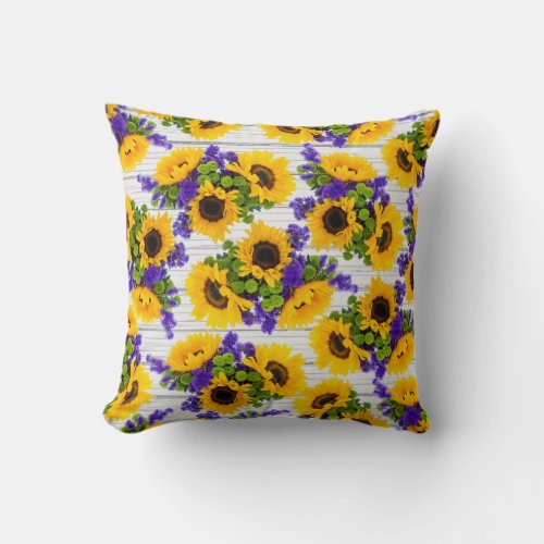 Country Rustic White Wood Purple Yellow Sunflower Throw Pillow