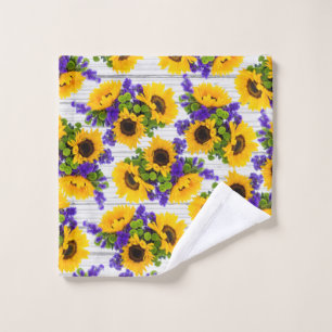Country Rustic White Wood Purple Yellow Sunflower Wash Cloth