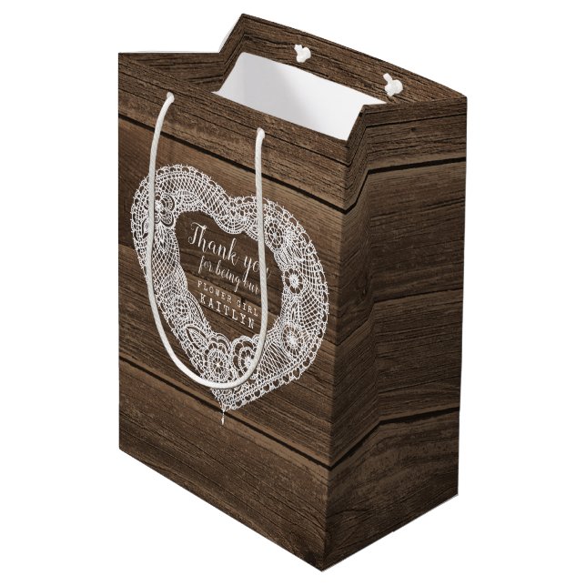 Country rustic wood and lace wedding favor bag (Back Angled)