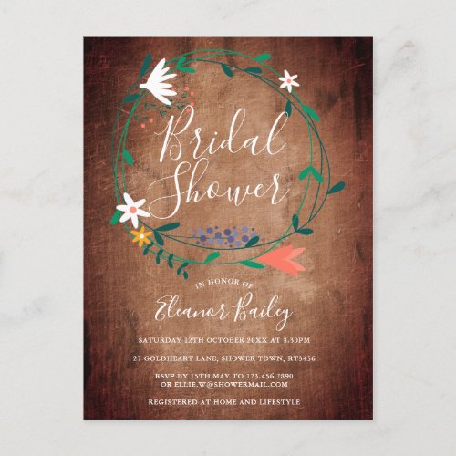 Country Rustic Wood Floral Garland Bridal Shower Announcement Postcard