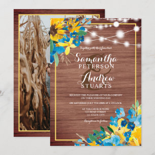 Country rustic wood floral lights photo wedding invitation