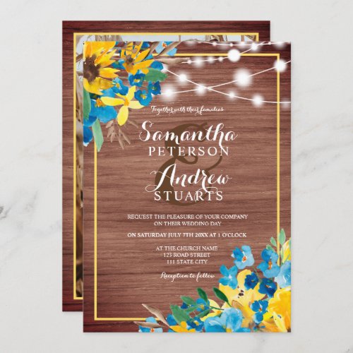 Country rustic wood floral lights photo wedding invitation