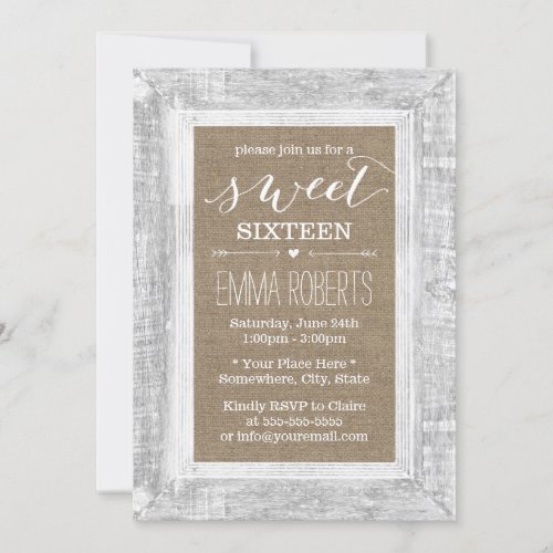Country Rustic Wood Frame Burlap Sweet 16 Birthday 5x7 Paper Invitation Card