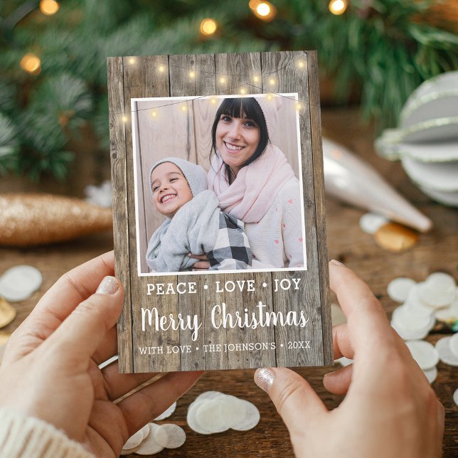 Country Rustic Wood Lights Photo Merry Christmas Holiday Card (Country Rustic Wood Lights Photo Merry Christmas Holiday Card)