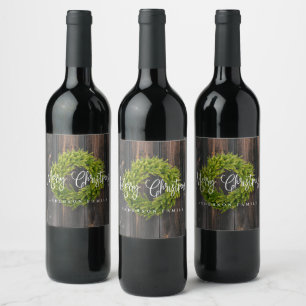 Country Rustic Wood Merry Christmas Greeting Wine Label