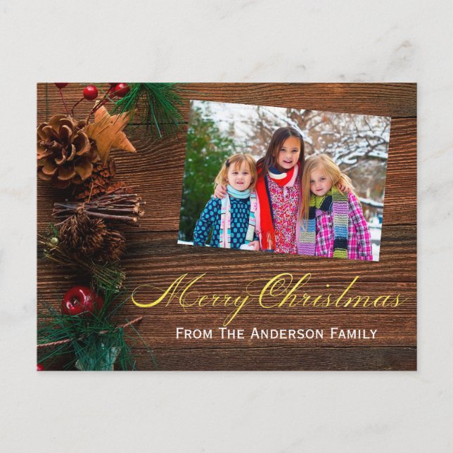 Country Rustic Wood Merry Christmas Photo Holiday Postcard (Front)