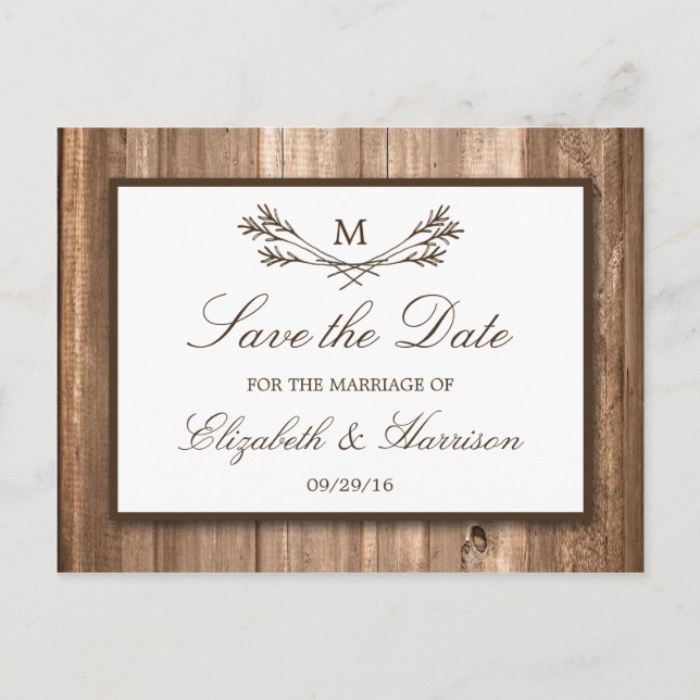 Country Rustic Wood Monogram Branch Save The Date Announcement Postcard (Front)