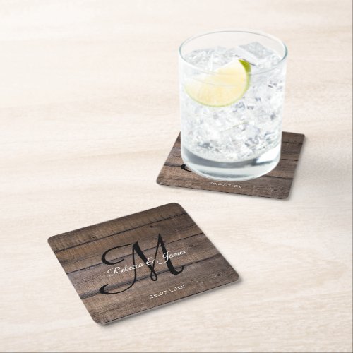 Country Rustic Wood Monogram Script Wedding Party  Square Paper Coaster