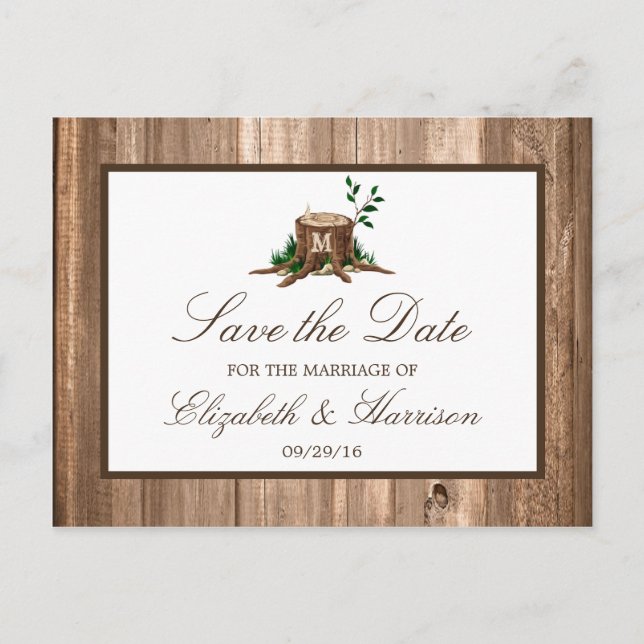 Country Rustic Wood Monogram Tree Save The Date Announcement Postcard (Front)