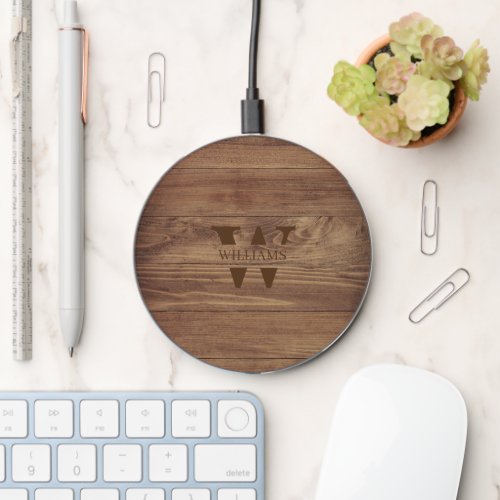 Country Rustic Wood Personalized Name Monogram Wireless Charger