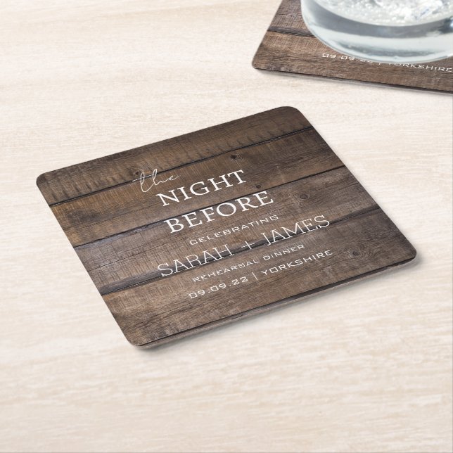 Country Rustic Wood Rehearsal Dinner Wedding   Square Paper Coaster (Angled)