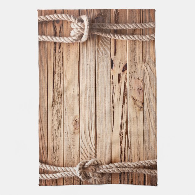 Country Rustic Wood Rope Nautic Kitchen Dish Towel (Vertical)