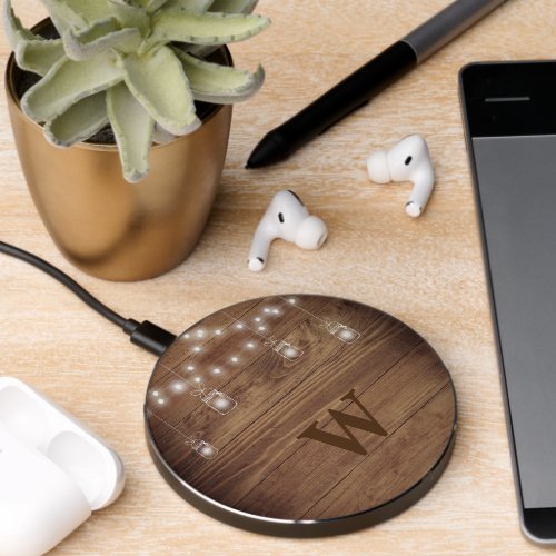 Country Rustic Wood String Lights Monogram Wireless Charger