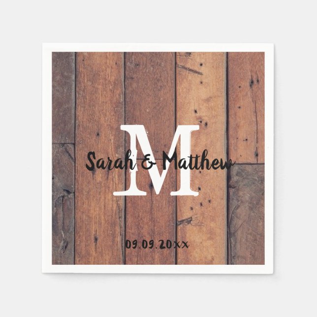 Country Rustic Wooden Monogram Wedding Bridal Napkins (Front)