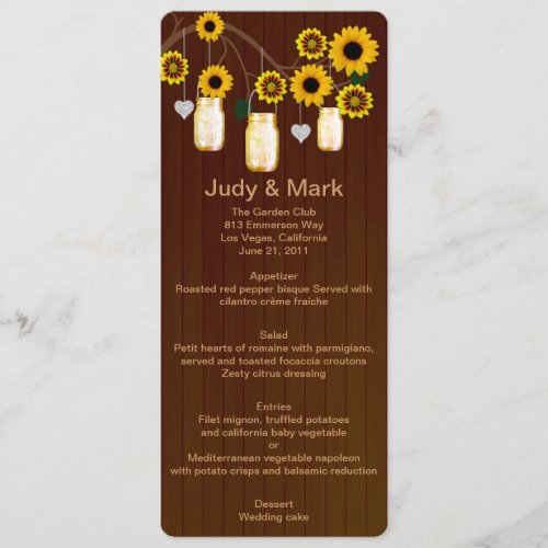 Country Rustic Yellow Mason Jars Wedding Menu Card