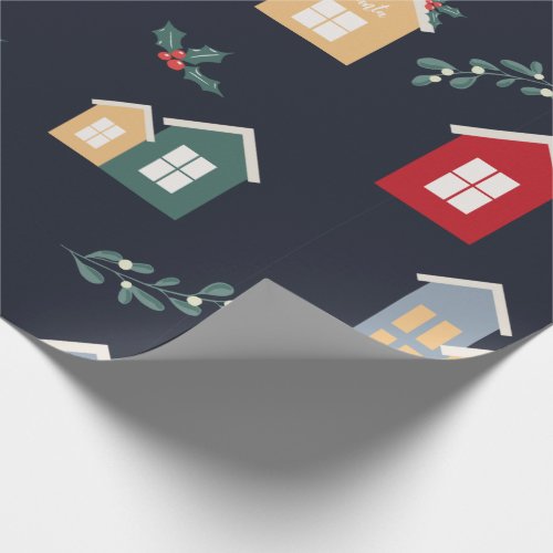 Country Saltbox Houses and Holly Wrapping Paper 