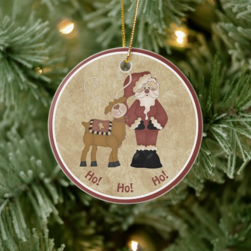 Country Santa and His Reindeer Ceramic Ornament