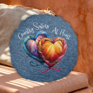 Country Sisters At Heart Script Round Pillow