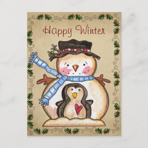Country Snowman and Penguin Friendship Postcard