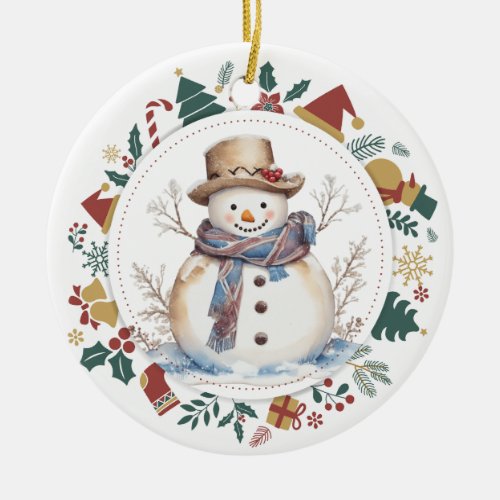 Country Snowman Framed with Christmas Images Ceramic Ornament