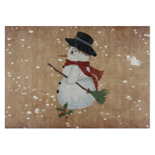 Country Snowman Glass Cutting Board