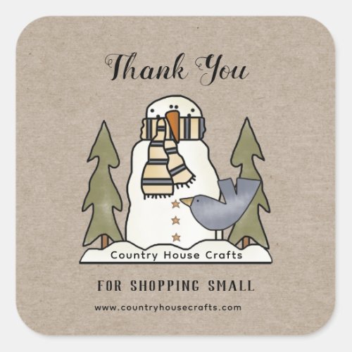 Country Snowman Thank You For Shopping Small  Square Sticker