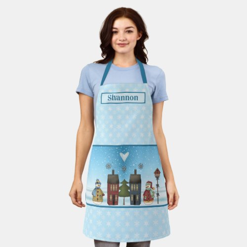 Country Snowmen In A Village Lots of Snowflakes Apron