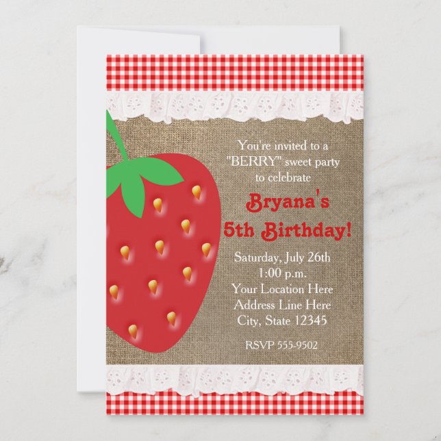 Country Strawberry Red Gingham Ruffle Invitation (Front)