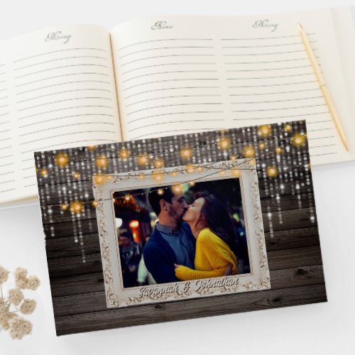 Country string lights rustic wood photo names guest book