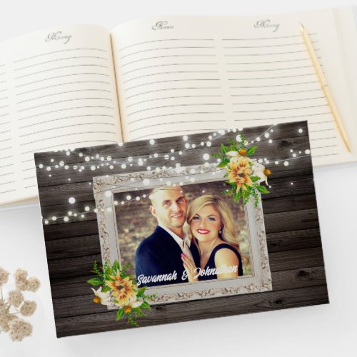 Country string lights sunflower wood rustic photo guest book