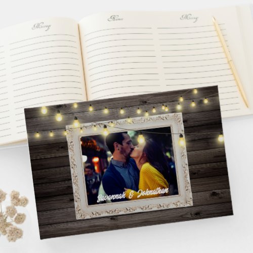 Country string lights wood outdoor rustic wedding guest book