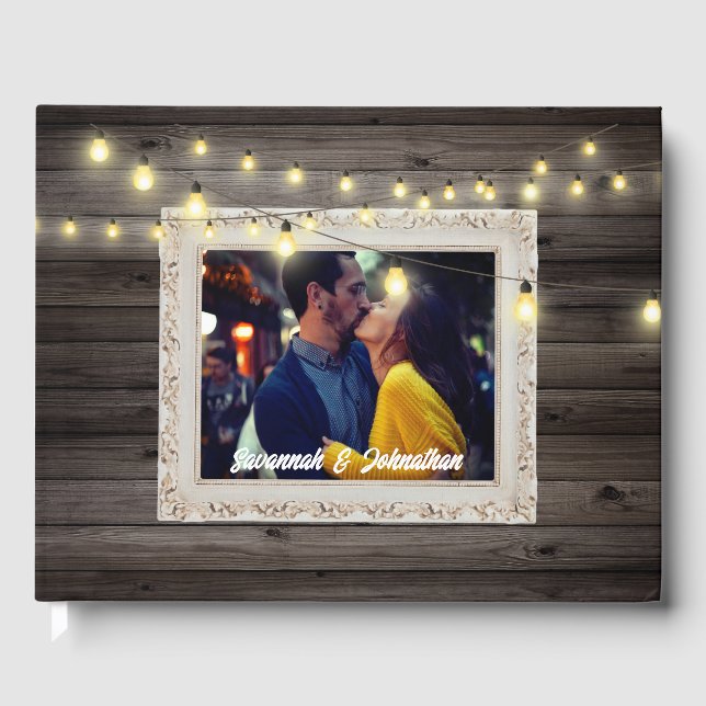 Country string lights wood outdoor rustic wedding guest book (Front)