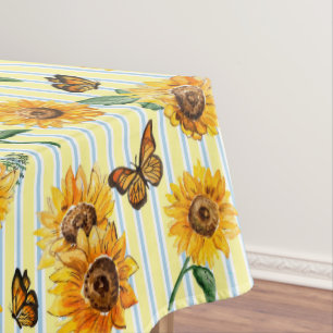 Country Striped Butterflies And Sunflowers Tablecloth
