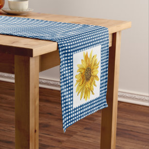 Country Style Blue Gingham Plaid with Sunflowers Short Table Runner