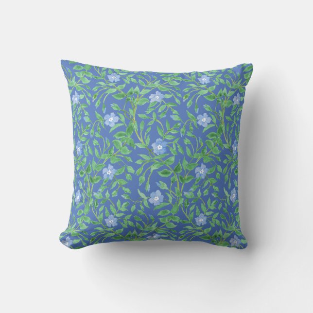 Country-style Blue Green Floral Periwinkle Pattern Throw Pillow (Front)