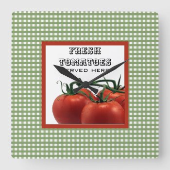 Country Style Fresh Tomatoes With Green Gingham Square Wall Clock by Susang6 at Zazzle