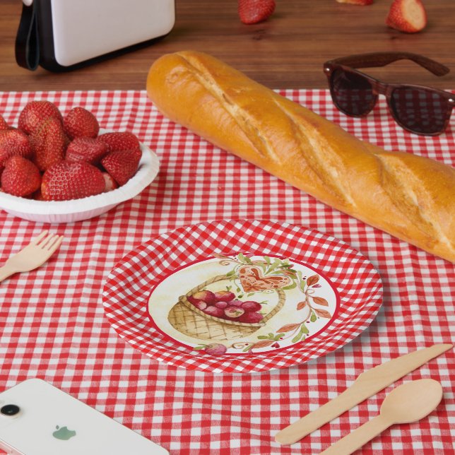 Country Style Gingham with Apple Harvest Basket Paper Plates (Picnic)