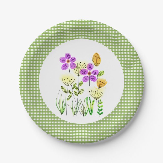 Country Style Green Gingham and Wildflowers Party Paper Plates (Front)