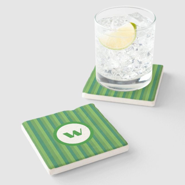 Country-Style Green Striped Monogram Stone Coaster (Side)