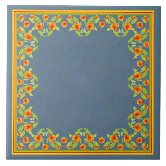Country Style Marigolds Border Ceramic Tile (Front)