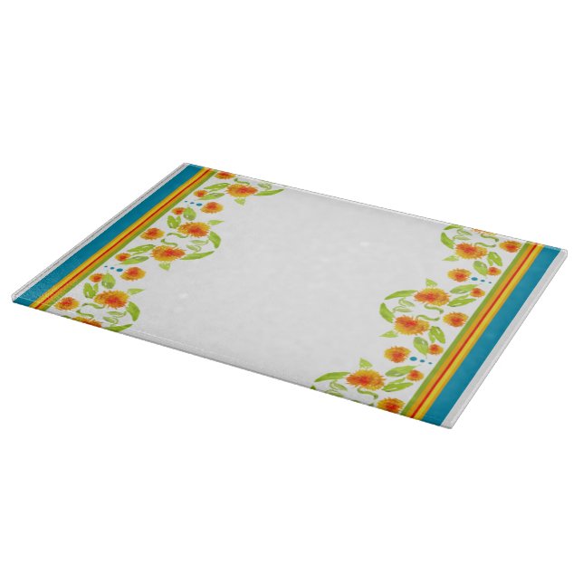 Country Style Marigolds Border Glass Cutting Board (Corner)