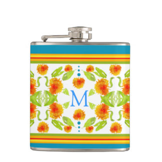 Country Style Marigolds Border Monogram Hip Flask