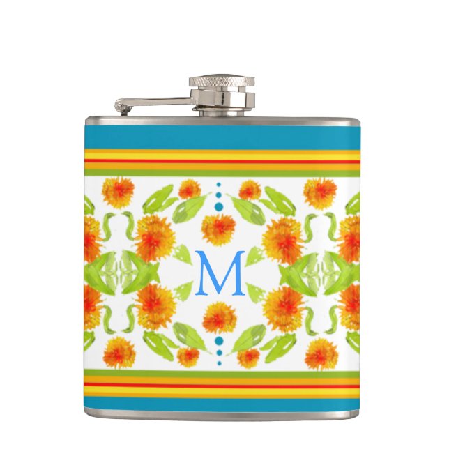 Country Style Marigolds Border Monogram Hip Flask (Front)
