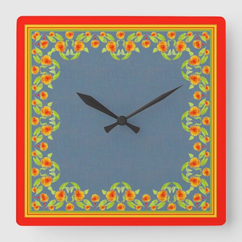 Country Style Marigolds Border on Indigo Blue Square Wall Clock