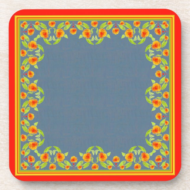 Country Style Marigolds Border Set of Coasters (Front)