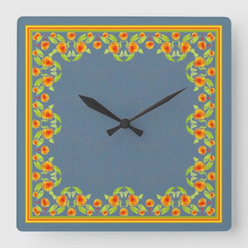 Country Style Marigolds Border Square Wall Clock