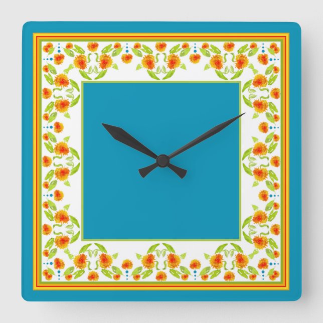 Country Style Marigolds Border Square Wall Clock (Front)
