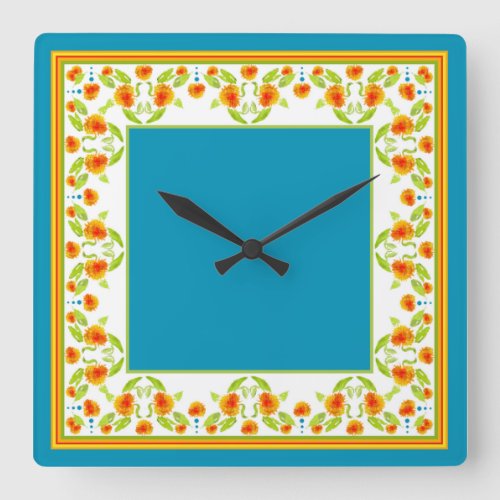 Country Style Marigolds Border Square Wall Clock