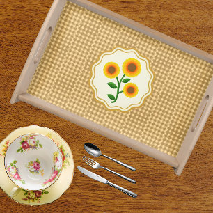 Country Style Off Set Brown Yellow Check Sunflower Serving Tray